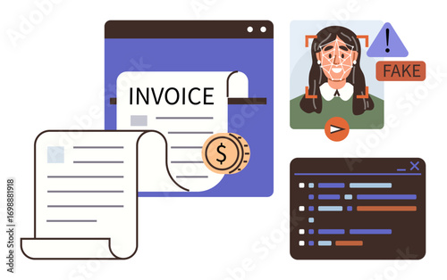 Digital invoice with coin, AI identifying fake face, programming codeblock, highlighting fraud prevention and cybersecurity. Ideal for finance, technology, AI, security, fraud detection machine