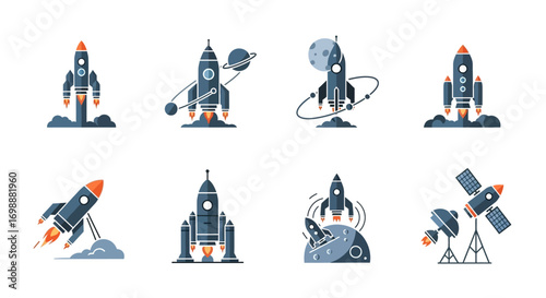 Nine Space Rocket Launch and Satellite Icons in Flat Style.