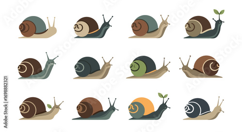 Twelve Stylized Snails - Earthy Tones, Abstract Shells, Varied Poses.