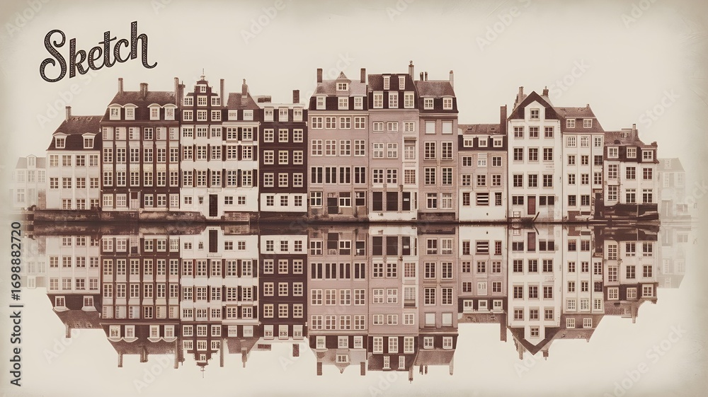 Fototapeta premium A sepiatoned sketch of classic amsterdam canal houses reflected in the water, with the word sketch artistically rendered above the cityscape