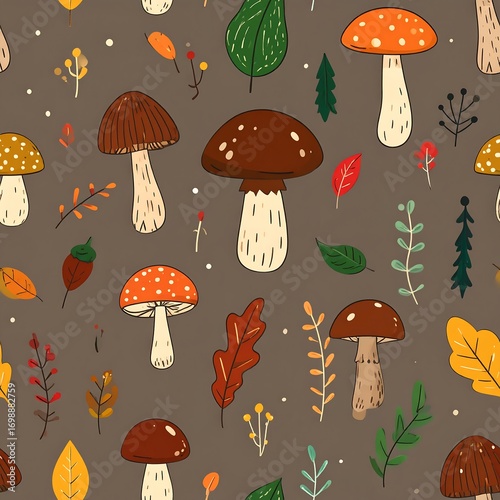 Seamless pattern of autumnal mushrooms and leaves