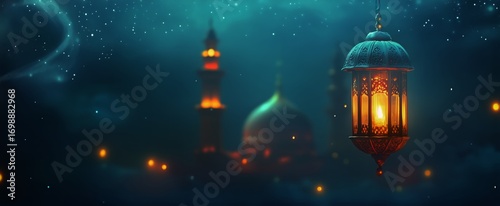 Ramadan Lantern Glows in Front of Illuminated Mosque at Night With Stars