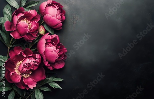Beautiful Crimson Peonies With Green Leaves on Dark Background in Studio