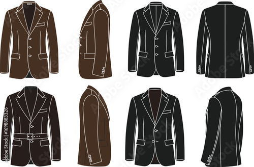 Men's suit jacket vector set, side and back views, fashion illustrations, formal blazer collection, editable design templates for garment mockup