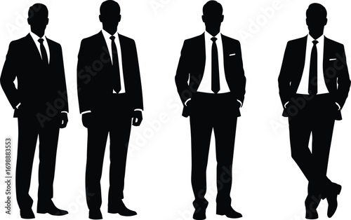Businessmen silhouette vector illustration, men in suits standing and posing, black and white fashion concept, elegant male figure clipart for design