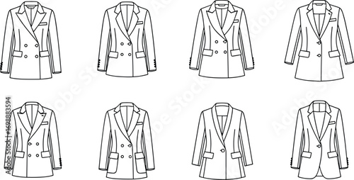Collection of women’s blazer fashion sketches, hand-drawn line art jackets, vector illustration for clothing design, tailoring templates, modern apparel and branding.