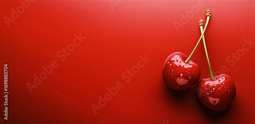 Two Ripe Cherries With Water Droplets on a Bright Red Background
