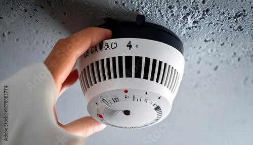 Hand adjusting a ceiling thermostat