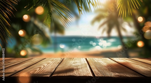 Relaxing Seascape at Golden Hour Featuring Wooden Dock With Palm Trees and So...