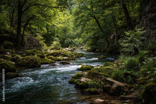 Forest stream flowing through rocks. Lush green trees line the banks