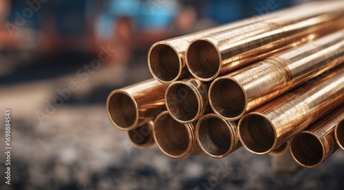 Copper pipes stacked in a triangular pile