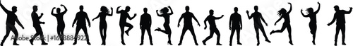 Silhouette of dancers in various poses celebrating dance, movement, joy, and energy on a white background, perfect for dynamic, active, and expressive stock illustrations