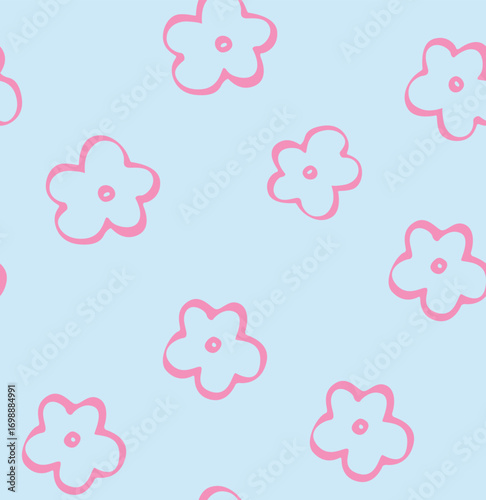 Seamless flower print hand drown pattern on background blue flower color pink, wallpapers and print for kids girls fabric print textile paper towels paper plates napkins etc.