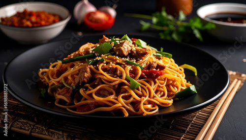Stir-fried noodles with meat and vegetables on a black plate