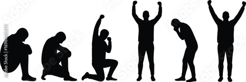 Silhouette illustration of a person experiencing different emotional states, from despair to triumph, depicting a journey of overcoming challenges and achieving personal victory