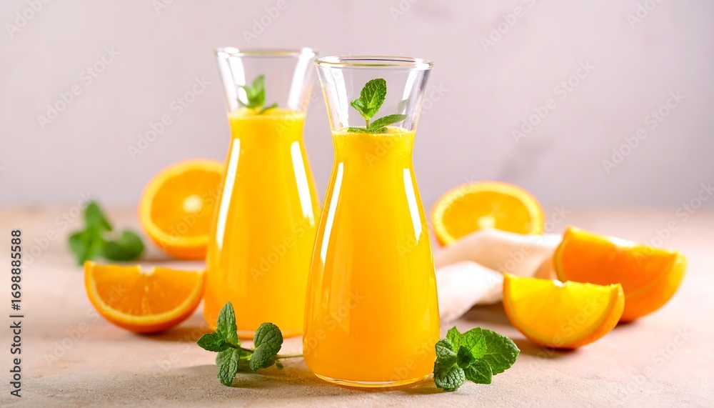 Fototapeta premium Two glasses of orange juice with fresh mint and orange slices