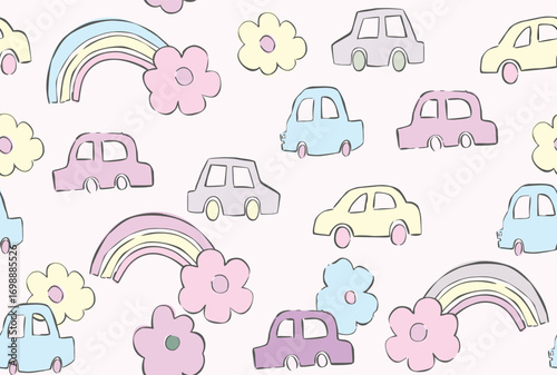 seamless pattern car, flower, rainbow pattern Hand soft color of car rainbow and flower Pattern textile, fabric kids clothes with Toy Cars,Colorful Illustration for Children, scrapbook, 