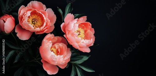 Blooming Peonies With Dark Green Leaves on a Dark Background, Floral Arrangement