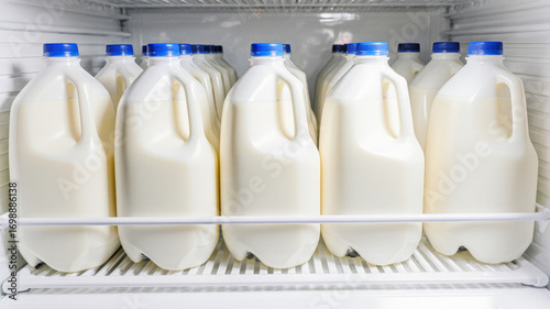 Row of plastic milk bottles aligned in refrigerator door for cold dairy storage