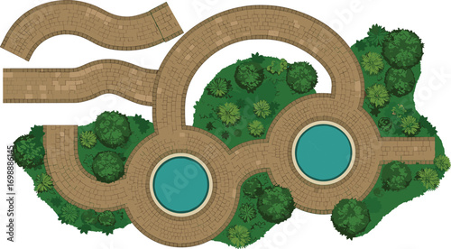 Top-down view of a stone-paved path layout with circular water fountains surrounded by lush greenery and plants, showcasing a well-maintained garden pathway design for outdoor landscaping