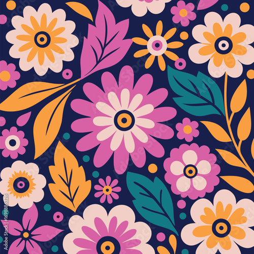 Wallpaper Mural Vibrant floral pattern with stylized flowers and leaves on dark blue background.A colorful, flat design illustration pink, orange, yellow, and teal against a deep blue backdrop. Torontodigital.ca