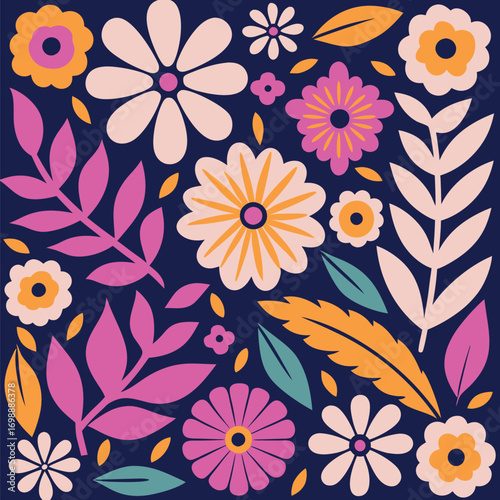 Vibrant floral pattern with stylized flowers and leaves on dark blue background.A colorful, flat design illustration pink, orange, yellow, and teal against a deep blue backdrop.