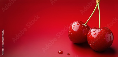 Two Ripe Cherries on a Red Surface Displaying Dew Drops and Juicy Redness.