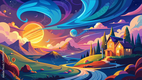 Artistic rendering of a serene night, vibrant color palette, swirling clouds, a bright sun-like moon, star-filled sky, undulating hills, quaint homes nestled in the landscape, glowing path, soft brush