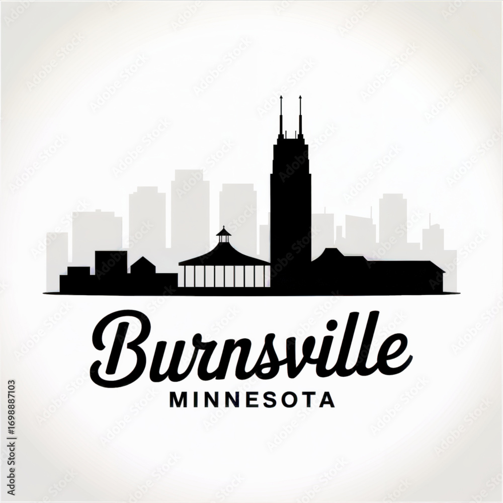 Naklejka premium Burnsville Skyline Silhouette — Minnesota Suburban City Vector Illustration