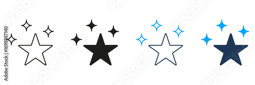 Star With Sparkles Line And Solid Icon Set. Excellence, Quality, And Achievement Symbol Collection. Success, Recognition, And High Standards. Isolated Vector Illustration