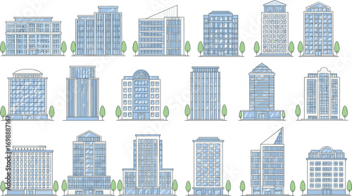 Vector illustration of modern commercial buildings, city skyscrapers, architectural designs, urban real estate properties, high-rise office towers, and office architecture on white background