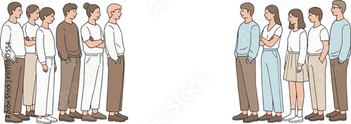 Group of people standing in two separate groups, diverse individuals in casual clothing, teamwork, communication, business collaboration concept,  isolated on a clean background