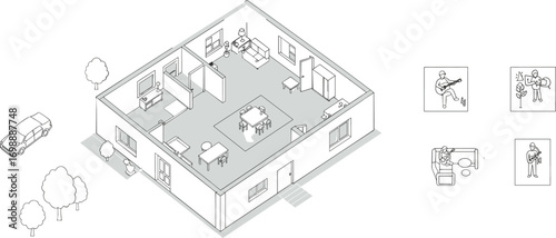 Modern house interior design floor plan with living room, dining area, bedroom, and car outside, depicting daily life activities with illustrations of guitar playing, reading, and more