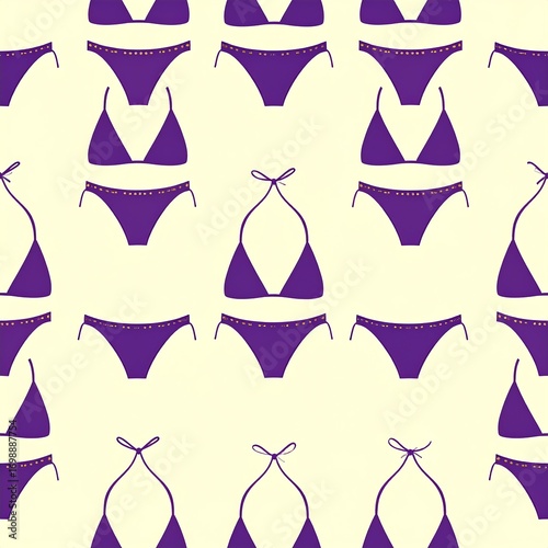 Seamless pattern of purple bikinis on a light yellow background