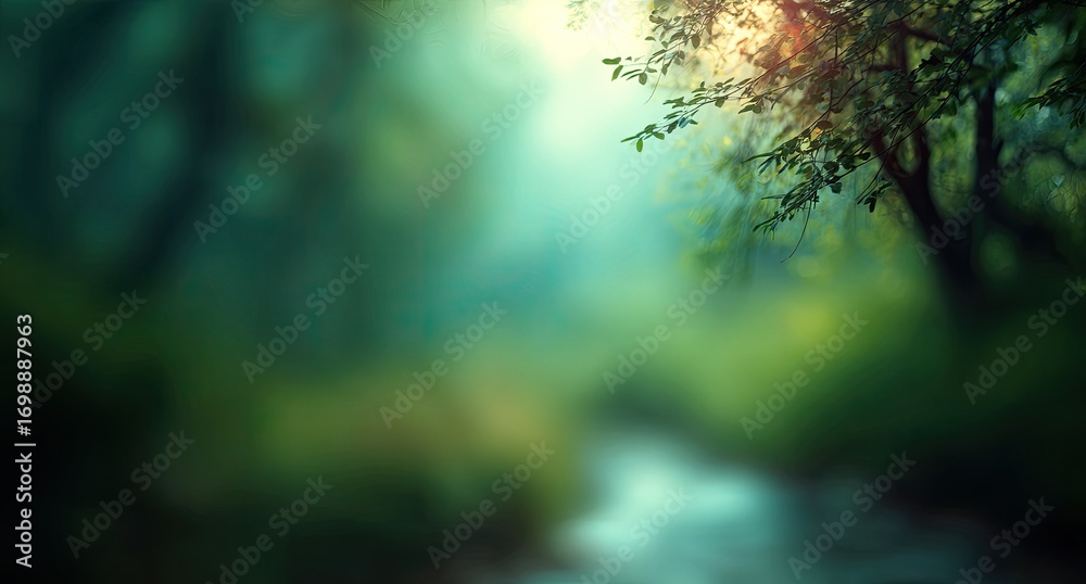 Obraz premium Misty forest path, soft focus. Sunlight filters through trees