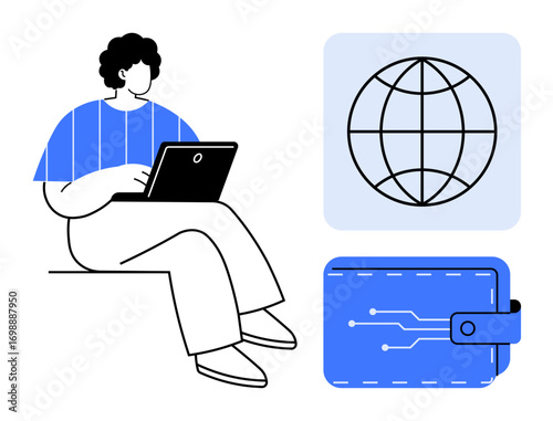 Individual working on laptop, globe representing global network, and digital wallet showcasing fintech concept. Ideal for technology, finance, online business, cryptocurrency, networking, global