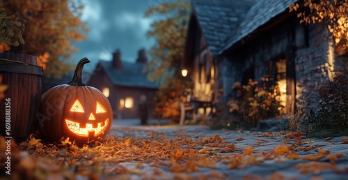 Glowing Jack O Lantern Rests on a Cobblestone Street on a Misty Halloween Night.