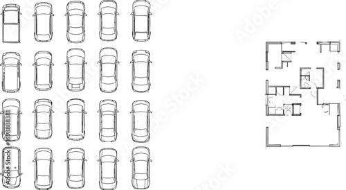 Top-down car parking layout with multiple parked cars, vehicle plan for garage, detailed floor plan design for automotive spaces, parking garage, blueprint, car models, parking lot design concep