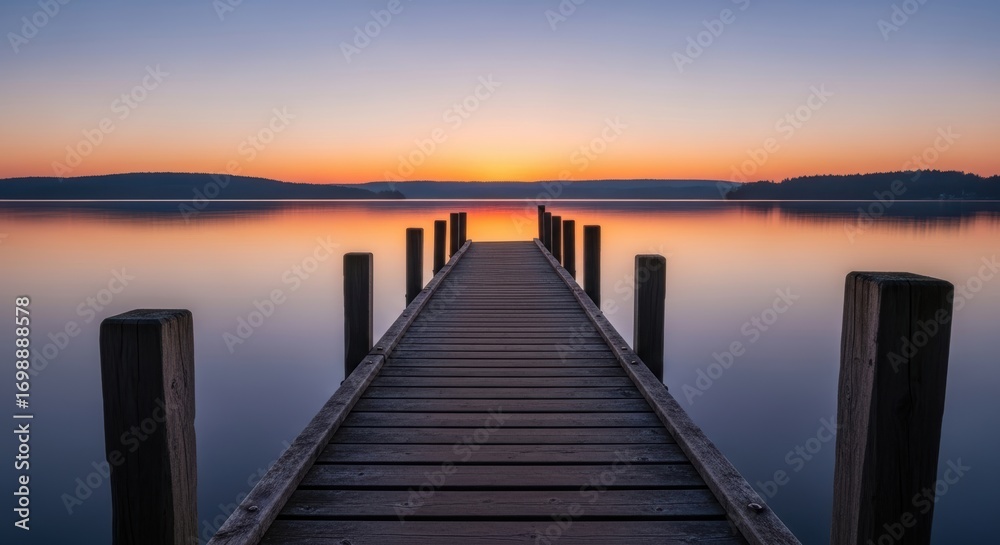 Fototapeta premium Tranquil sunset over serene lake with wooden pier and calm waters