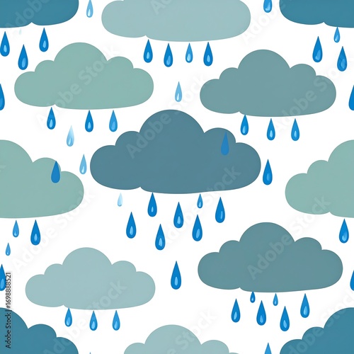 Seamless pattern of rain clouds and water drops