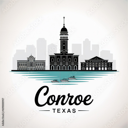 Conroe Texas Skyline Silhouette — Historic Lakefront City Vector Illustration