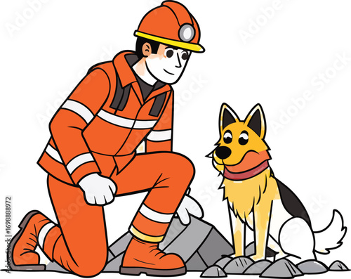 Rescuer in orange uniform with dog on rocky ground canine search and rescue