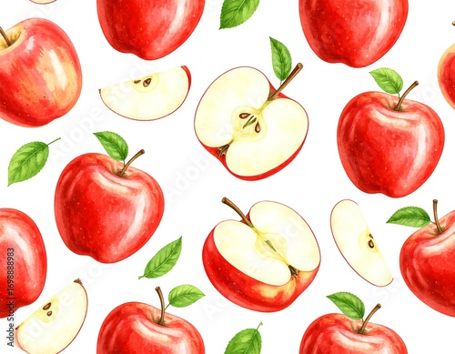 Seamless pattern of red apples and slices