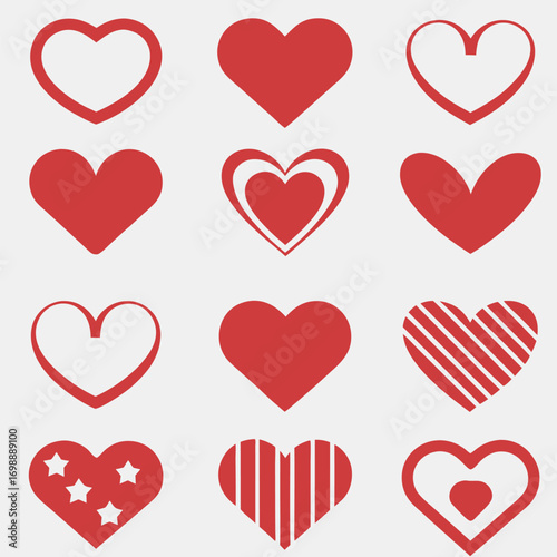 Collection of red and white heart shapes for valentine s day and love themes.