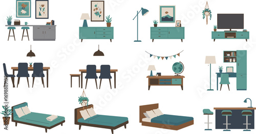 Stylish modern home furniture collection with various living room, dining room, and office decor in vibrant teal tones, featuring plants, lighting, and decorative accessories for contemporary interior