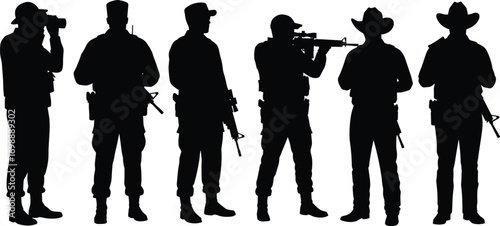 Silhouettes of military personnel, armed officers, and soldiers standing in various action poses, guns, and cowboy hats, with strong visual contrast and shadow details on white background.