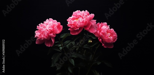 Four Pink Peony Flowers With Green Leaves Bloom Against Black Background.