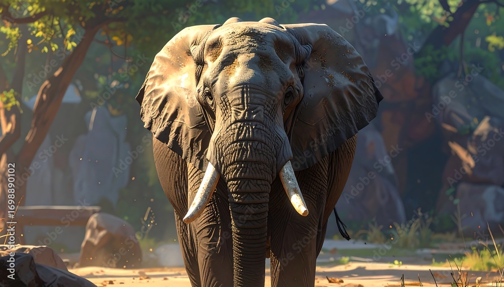 Fototapeta premium A majestic African elephant stands in a sunlit habitat, its large tusks prominent and detailed.