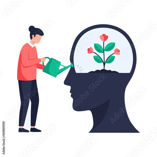 Flat vector illustration of a woman watering a plant inside a human head, representing mental health, mindfulness, self growth, and emotional well-being concept.