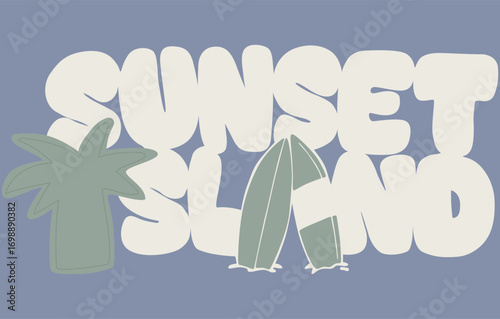 summer vacation, Sunset island with Tropical palm trees island vector, illustration , vector graphic design for apparel, stickers, posters, background and others